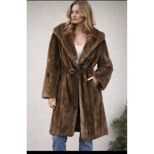 True Vintage 60s 70s Penny Lane Faux Fur Coat Tissavel France Belted Chocolate